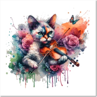Devon Rex Cat Playing Violin Posters and Art